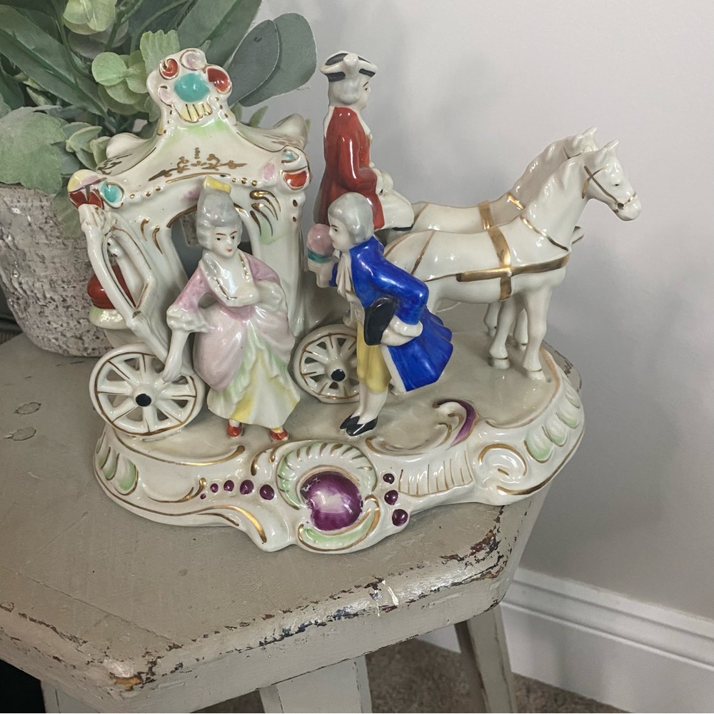 Vintage Hand Painted Porcelain Victorian Carriage Figurine with Colorful Accents